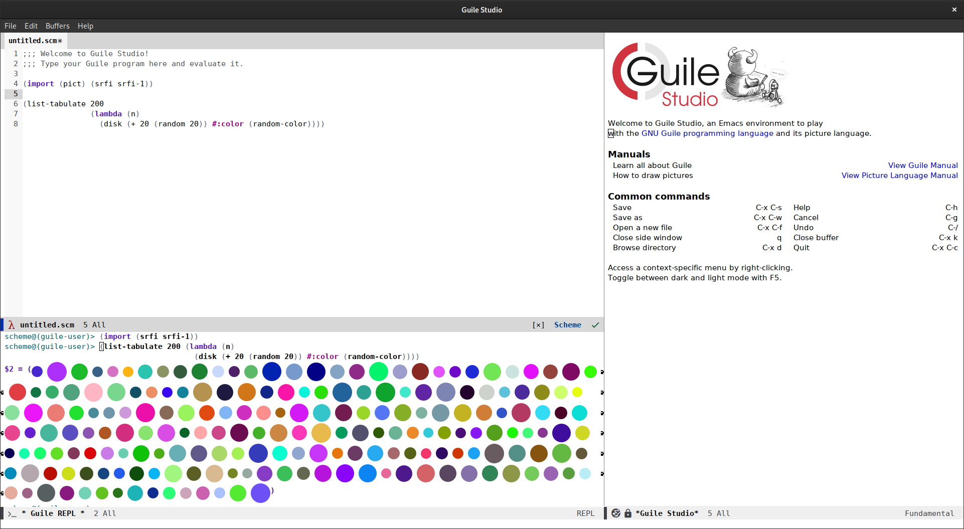 A screenshot of Guile Studio with a custom splash screen,
a code buffer, and a REPL session showing the picture language.